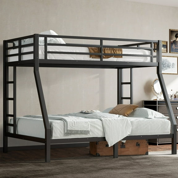 Aukfa Heavy Duty Twin over Full Metal Bunk Bed with Ladders and Guardrail for Kids, Teens and Adults, Black