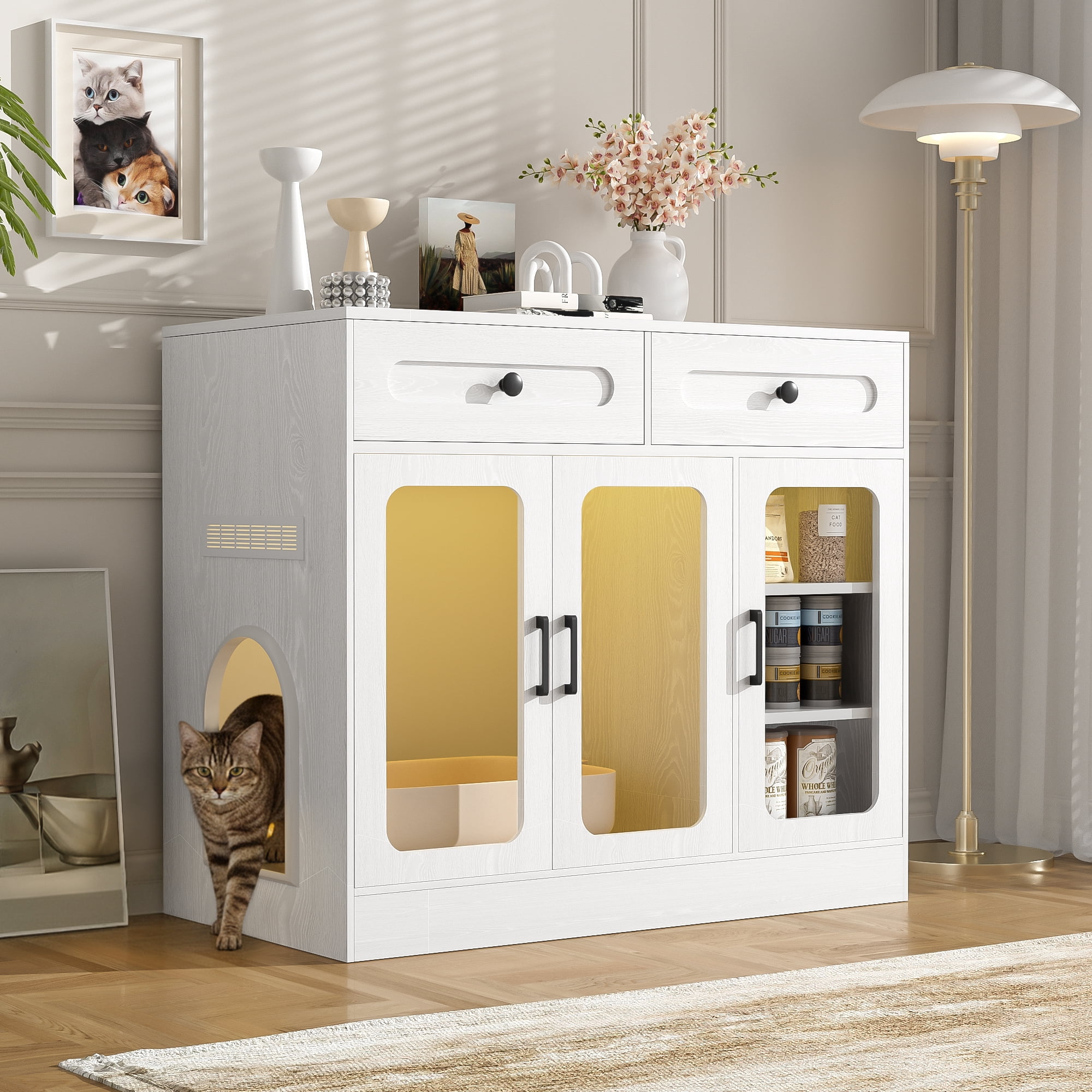 Aukfa Hidden Cat Litter Box Enclosure with LED Light, Cat Litter Box Cabinet with Storage Drawer & Acrylic Door, Modern Cat Furniture Side Table,White