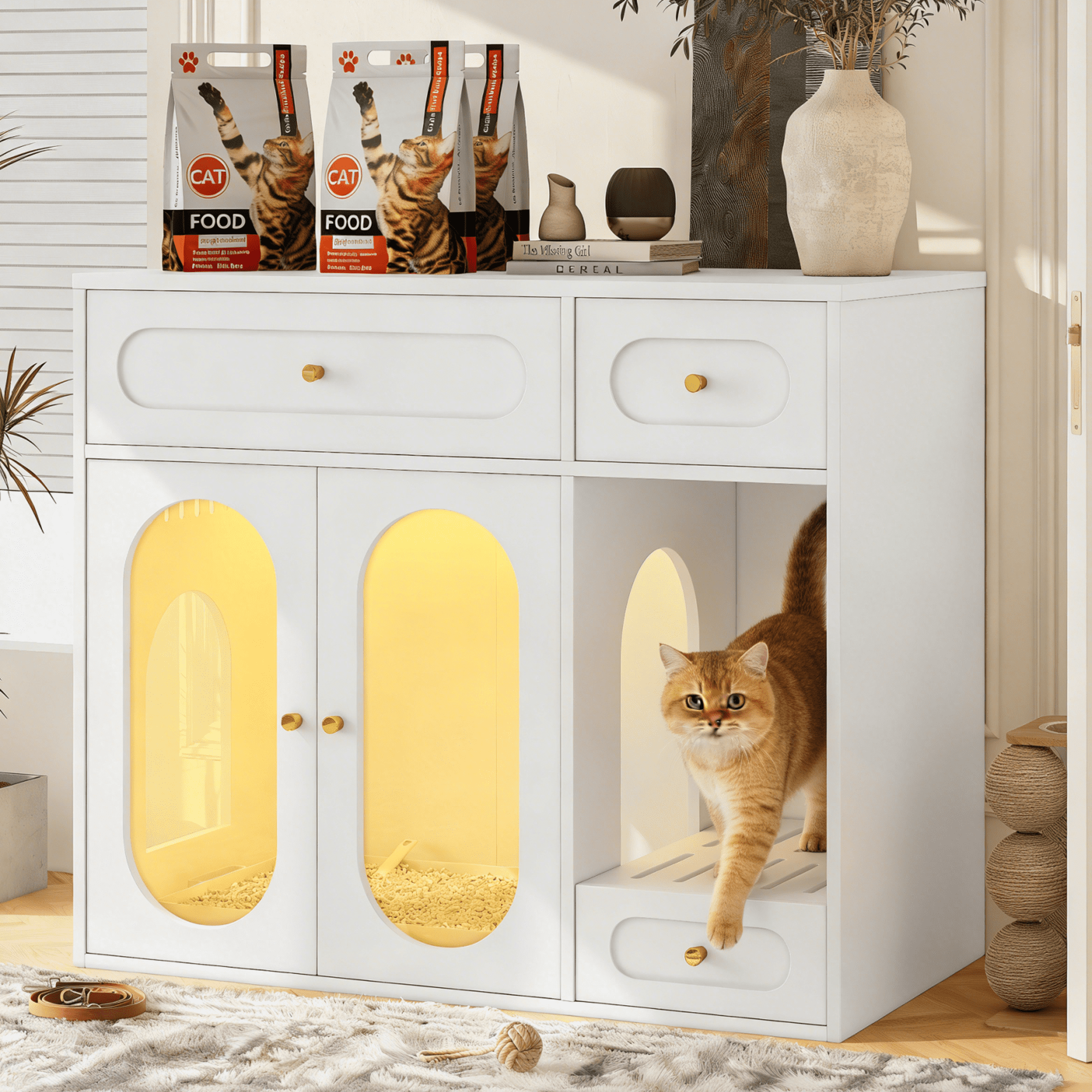Aukfa Hidden Cat Litter Box Enclosure with LED Light, Cat Litter Box Cabinet with Storage Drawer & Acrylic Door, Modern Cat Furniture Side Table,White