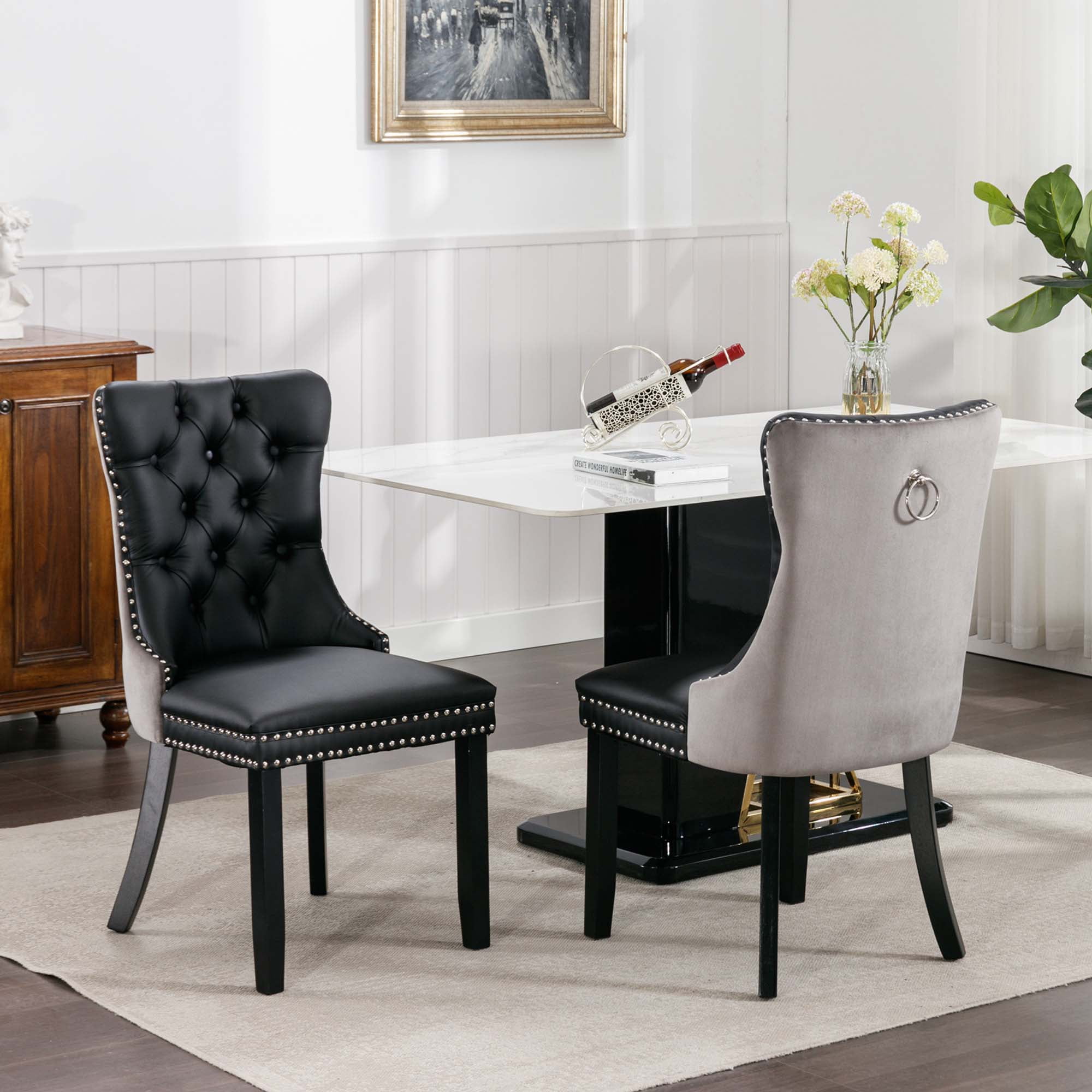 Aukfa High-End Upholstered Dining Chairs Set of 2, Modern Tufted Solid Wood Side Chair with Nailhead Trim - Black/Gray