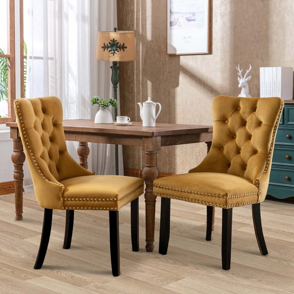 Aukfa High-End Upholstered Dining Chairs Set of 2, Modern Tufted Solid Wood Side Chair with Nailhead Trim - Gold