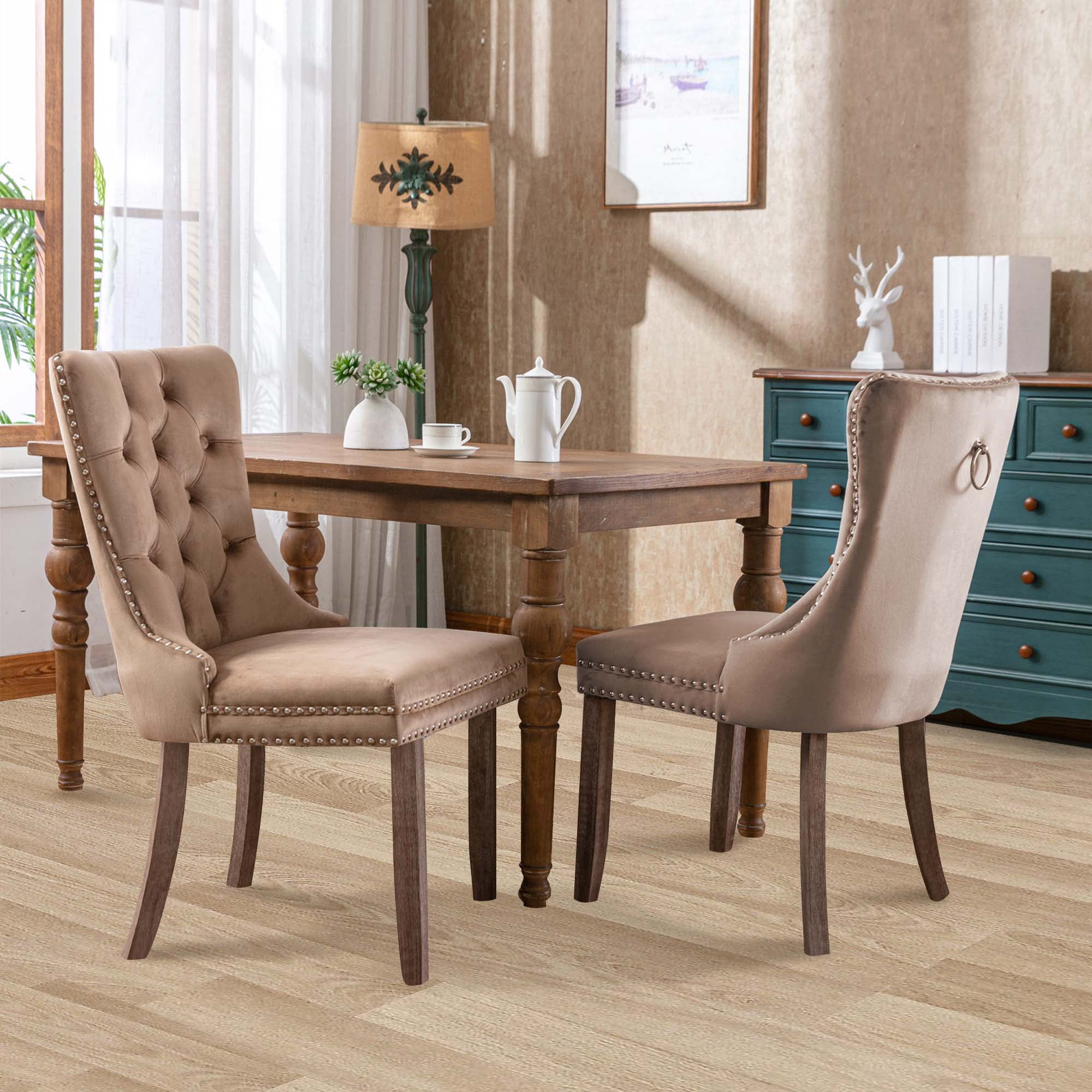 Aukfa High-End Upholstered Dining Chairs Set of 2, Modern Tufted Solid Wood Side Chair with Nailhead Trim - Khaki