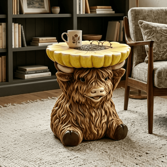 Aukfa Highland Cow Side Table, Farmhouse Animal Stool with Sunflower Top, Resin Garden Decor