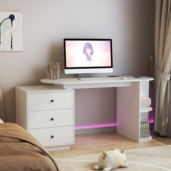 Aukfa Home Office Desk,Wood Executive Desk Teens Student Desk Study Table with Drawer & Power Outlets,White