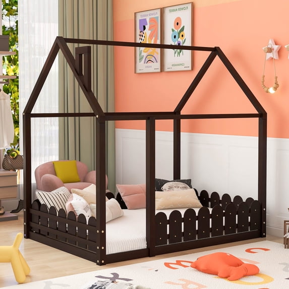 Aukfa House Bed for Kids Teen, Wood Bed Frame with Fence, Full Size Bed, Espresso