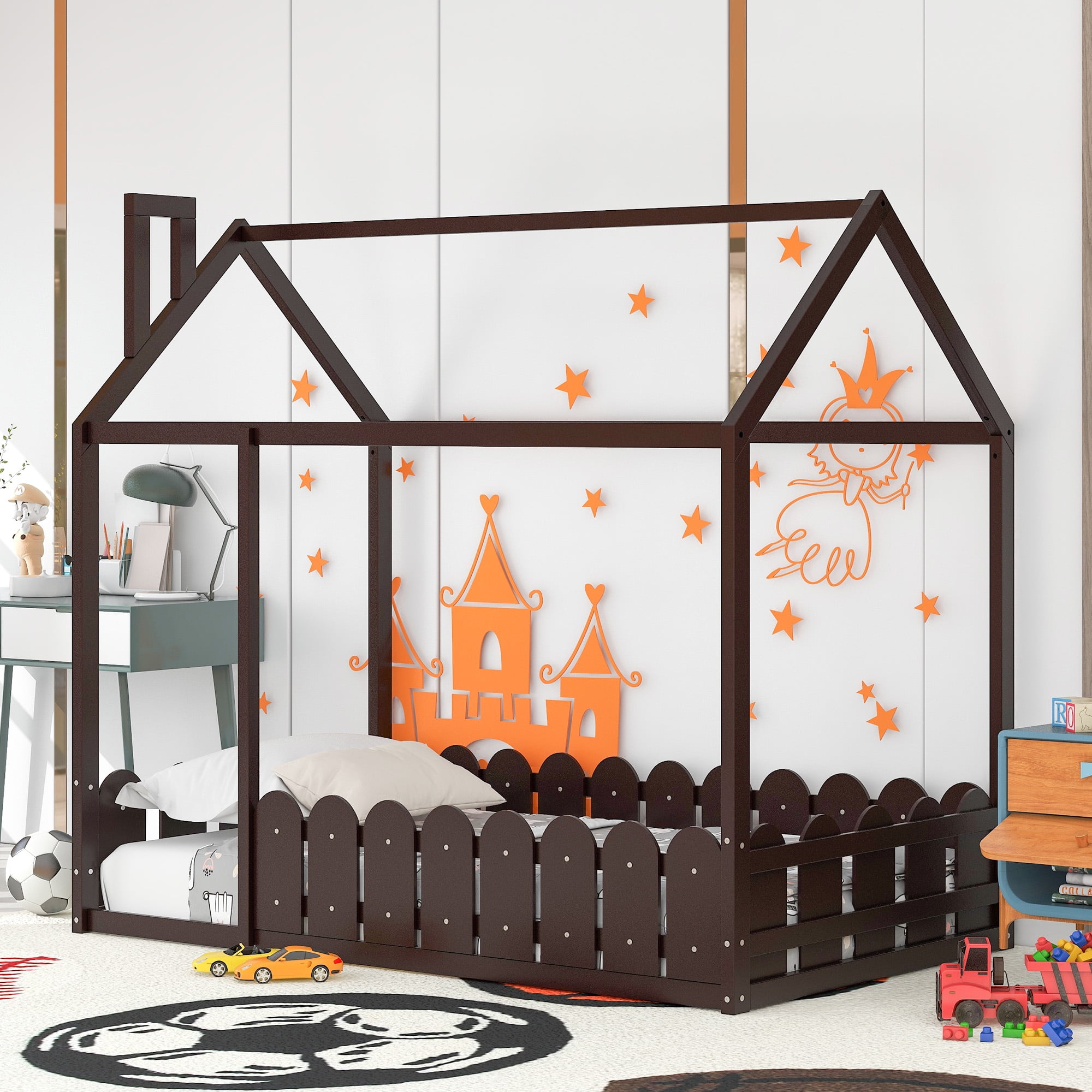 Aukfa House Bed for Kids, Wood Bed Frame with Roof and Fence, Twin Bed, Espresso