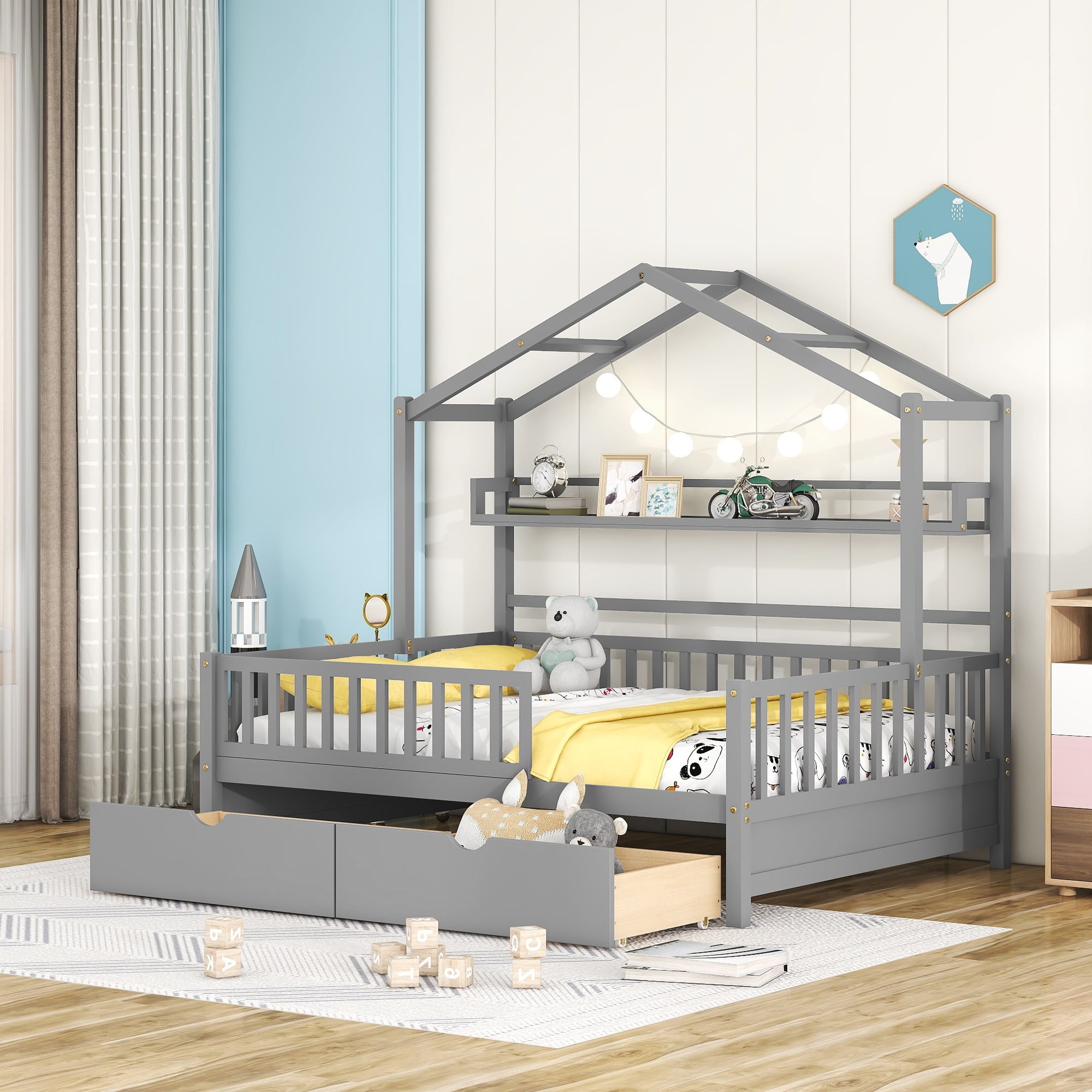 Aukfa House Bed with Storage Drawers, Full Size Platform Bed with Roof ...