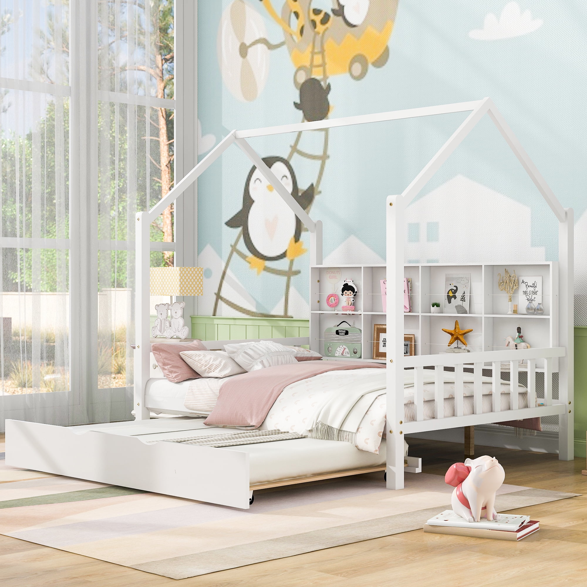 Aukfa House Bed with Trundle, Full Platform Bed with Storage Shelves and Roof - White