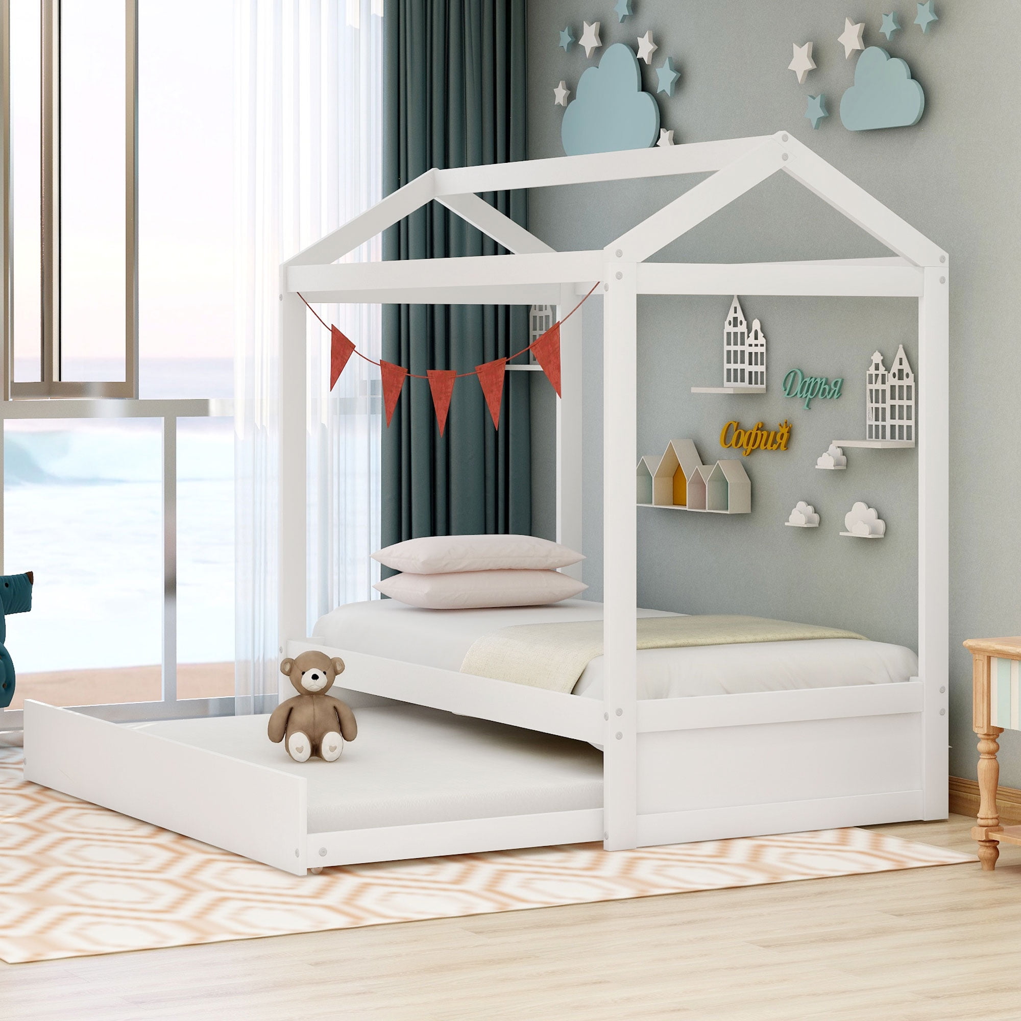 Aukfa House Bed with Trundle, Wood Kids Twin Bed - White