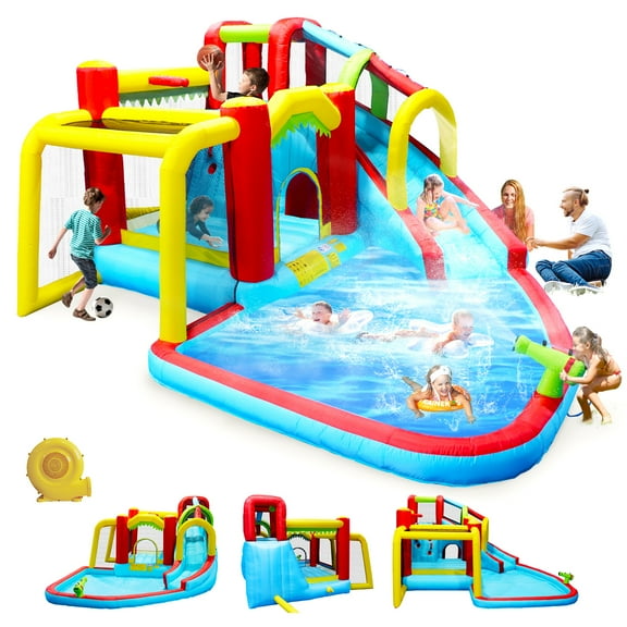 Aukfa Inflatable Water Slide Bounce House for Kids, Outdoor Water Park with Climbing Wall, Splash Pool, Water Gun, Basketball Hoop, Soccer Goal & 520W Blower