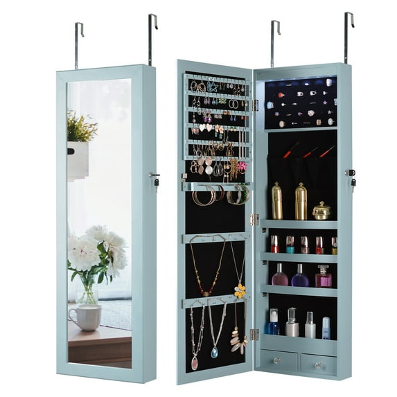 Aukfa Jewelry Cabinet with Mirror - Integrated Led Light – Blue