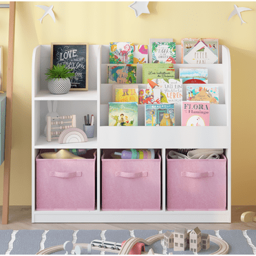 Aukfa Kids Bookcase with 3 Collapsible Drawers,Bookshelf Display Stand Toy Storage Organizer for Bedroom/Playroom,Pink