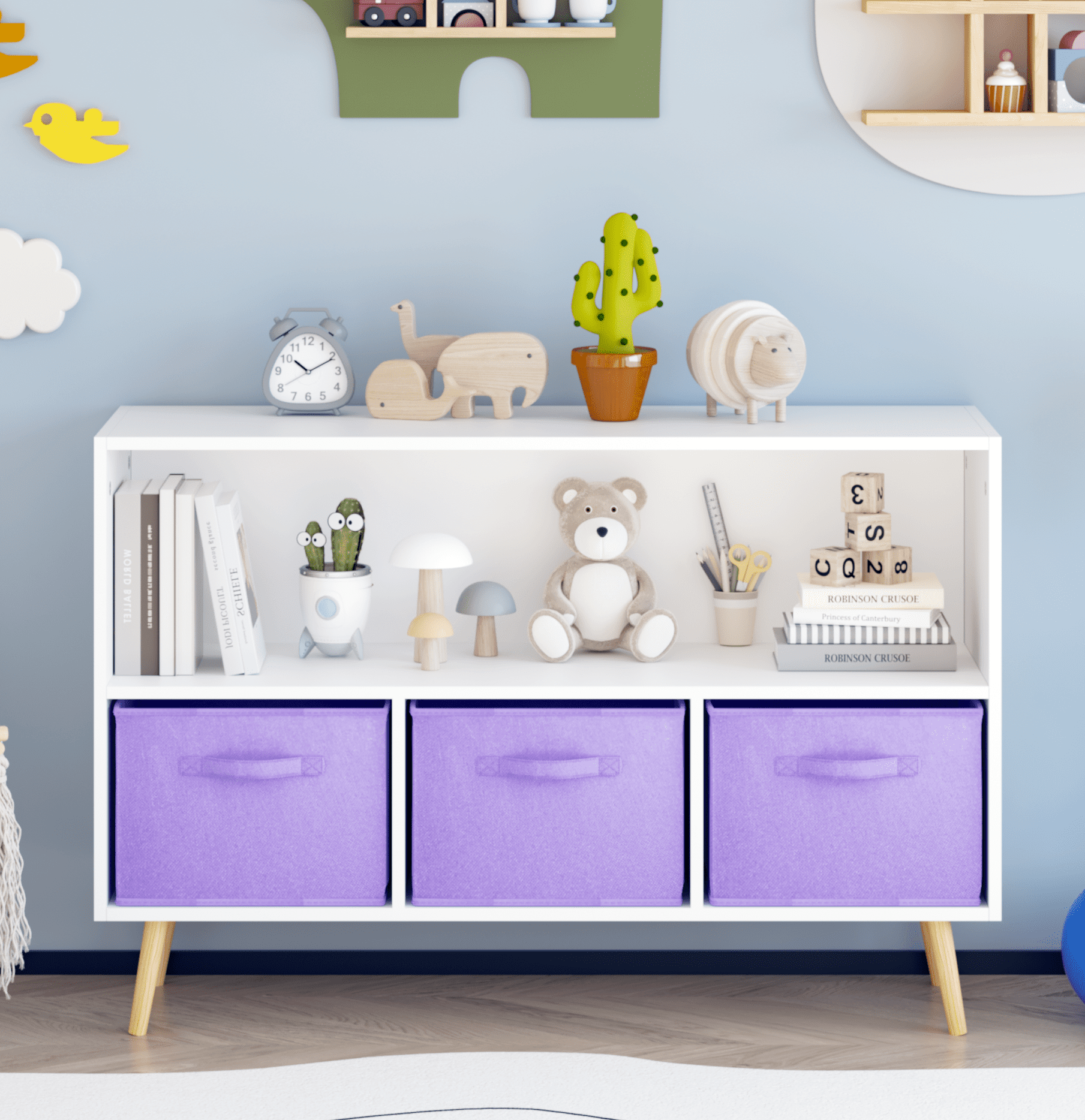 Homfa Toy Storage Organizer with 3 Movable Drawers 5 Cube Kids Bookcase for Playroom Storage Cabinet for Living Room Natural Finish