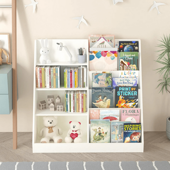 Aukfa Kids Bookshelf and Toy Storage Organizer w/ Bookcase Display Stand, White