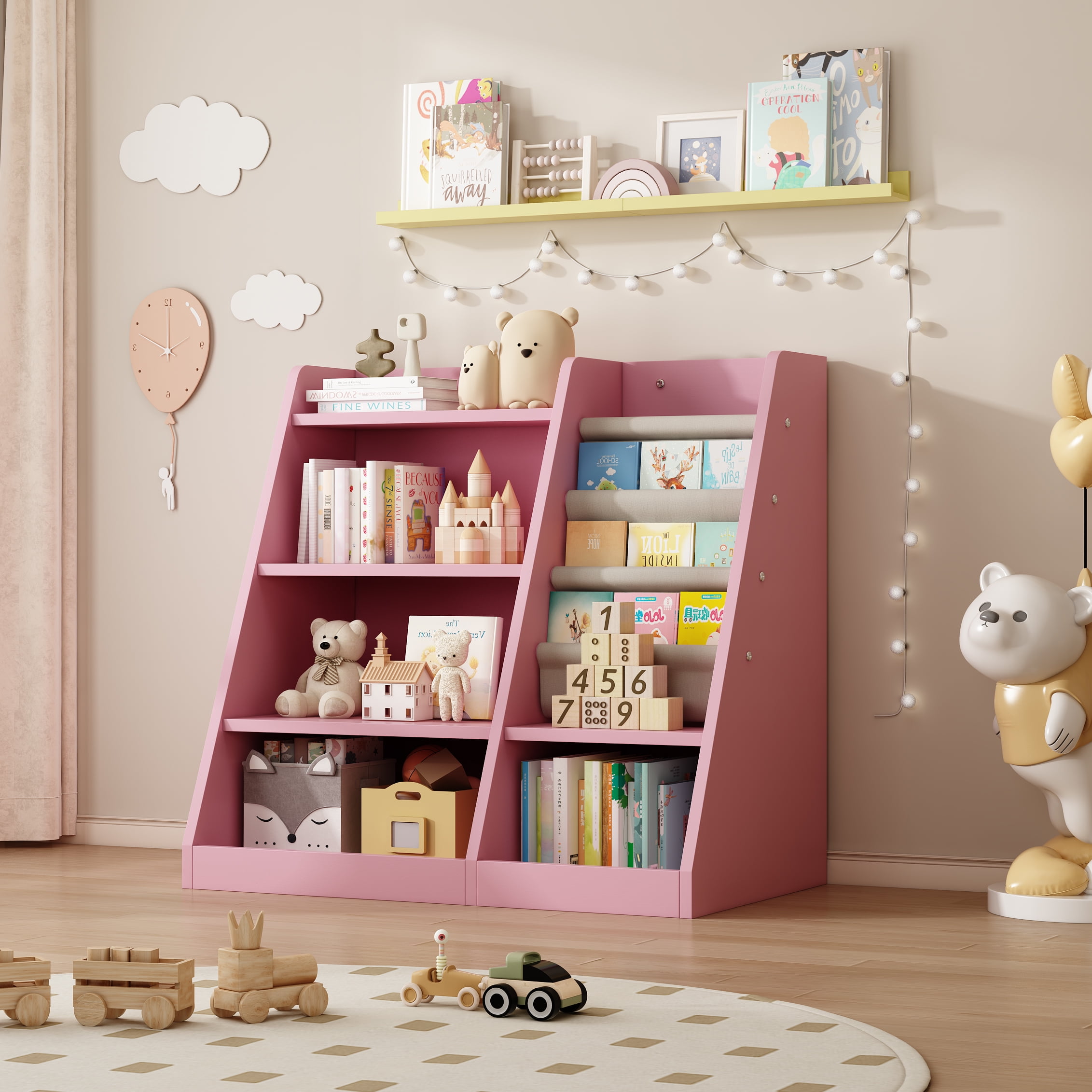 Aukfa Kids Bookshelf and Toy Storage,Wood Storage Organizer for Playroom Bedroom,Pink