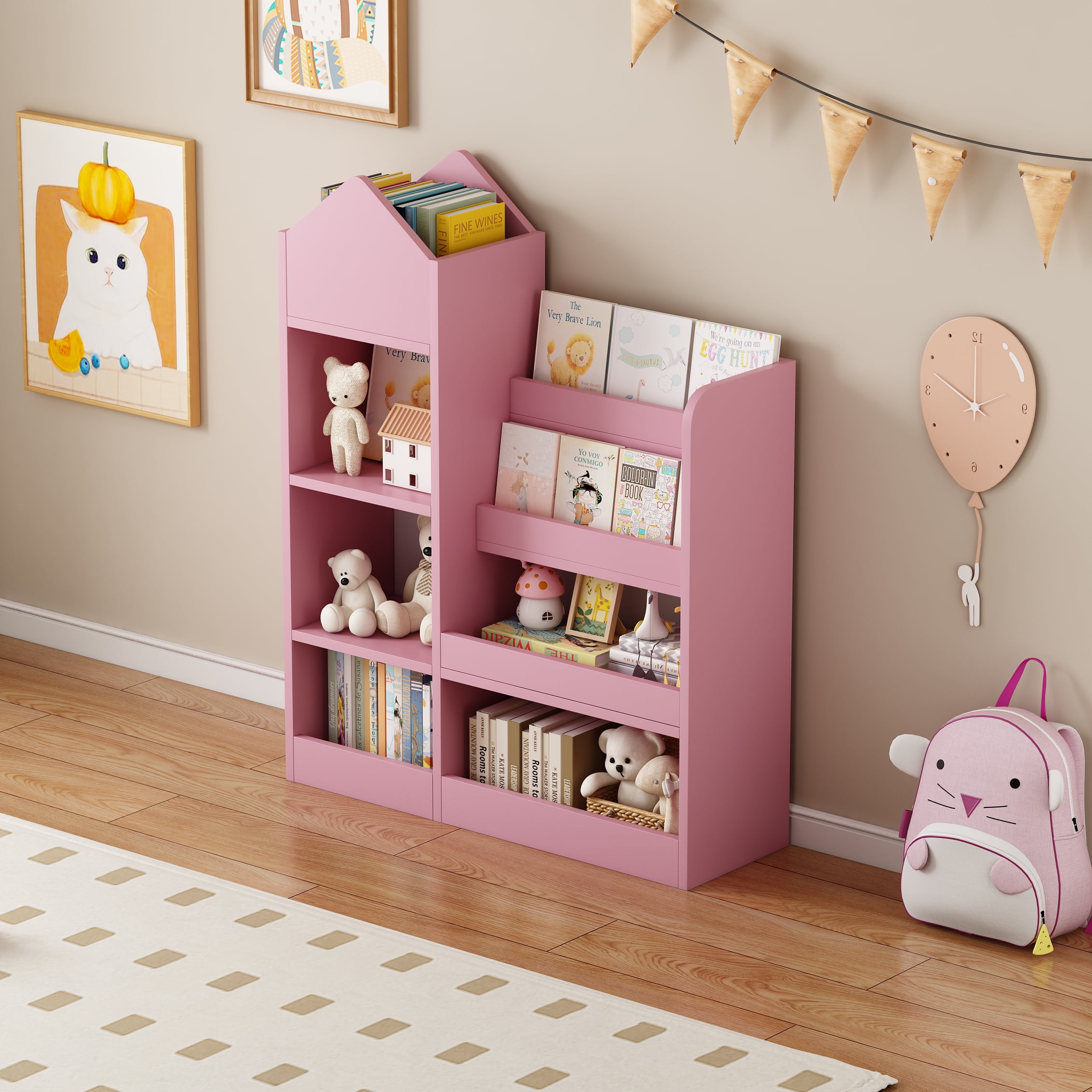 Aukfa Kids Bookshelf and Toy Storage,Wood Storage Organizer for Playroom Bedroom,Yellow