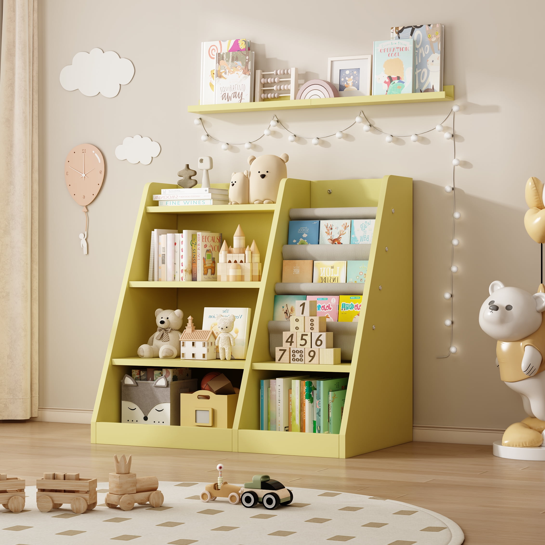Aukfa Kids Bookshelf and Toy Storage,Wood Storage Organizer for Playroom Bedroom,Yellow