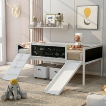 Aukfa Kids Low Loft Bed with Slide and Chalkboards, Twin Platform Bed with Storage Boxes - White