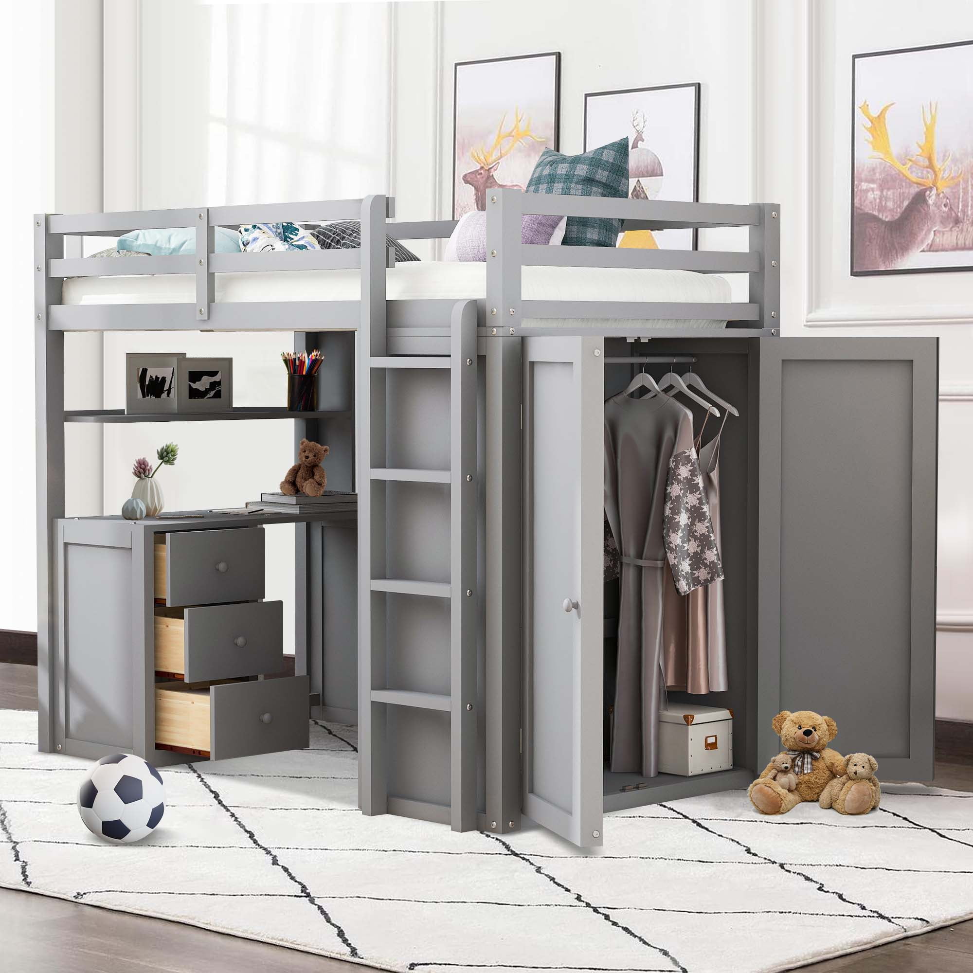 Aukfa Kids Modern Wood Twin Size Loft Bed with Drawers Gray