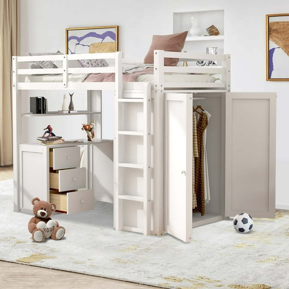 Aukfa Kids Modern Wood Twin Size Loft Bed with Wardrobe, White