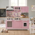 thumbnail image 1 of Aukfa Kids Play Kitchen Playset, Wooden Toddler Kitchen with Pretend Ice Maker & Capsule Coffee Maker for Kids Girls Boys, Pink, 1 of 7