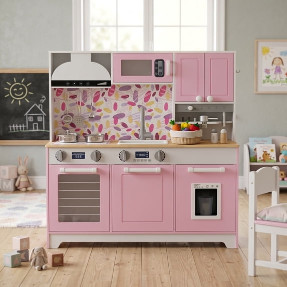 Aukfa Kids Play Kitchen Playset, Wooden Toddler Kitchen with Pretend Ice Maker & Capsule Coffee Maker for Kids Girls Boys, Pink