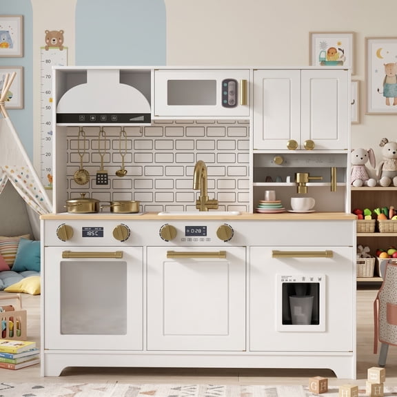 Aukfa Kids Play Kitchen Playset, Wooden Toddler Kitchen with Pretend Ice Maker & Capsule Coffee Maker for Kids Girls Boys, White Gray