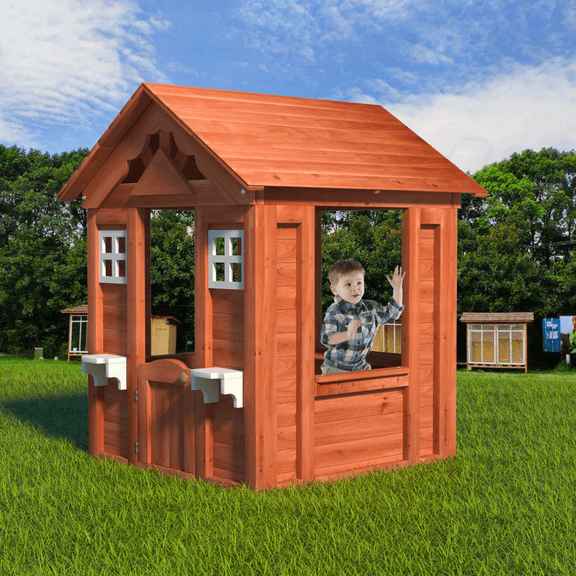 Aukfa Kids Playhouse,Wooden Playhouse with 2 Windows & Flowerpot,Golden Red