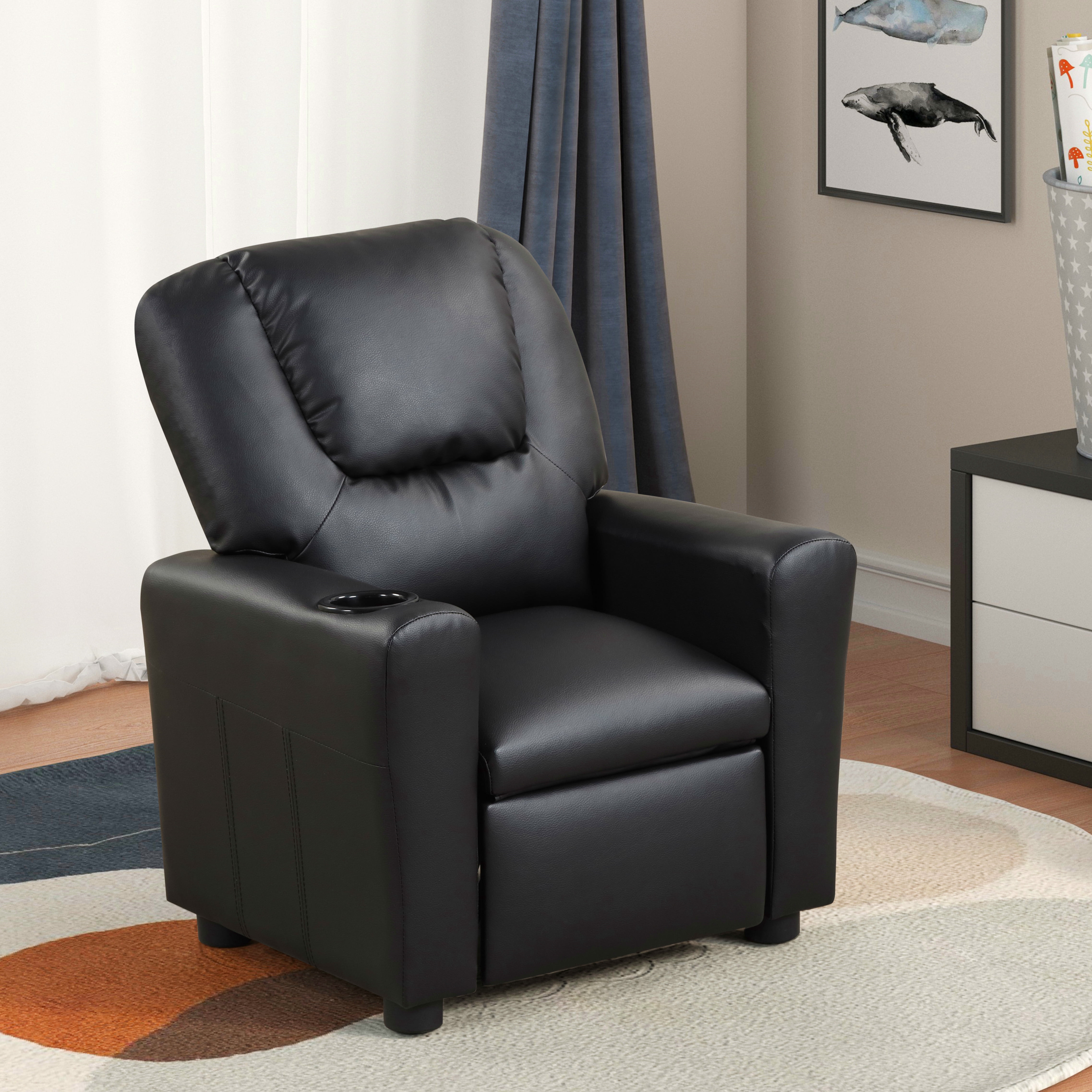 Aukfa Kids Recliner Chair, Leather Recliner Sofa Chair with Cupholder,Black