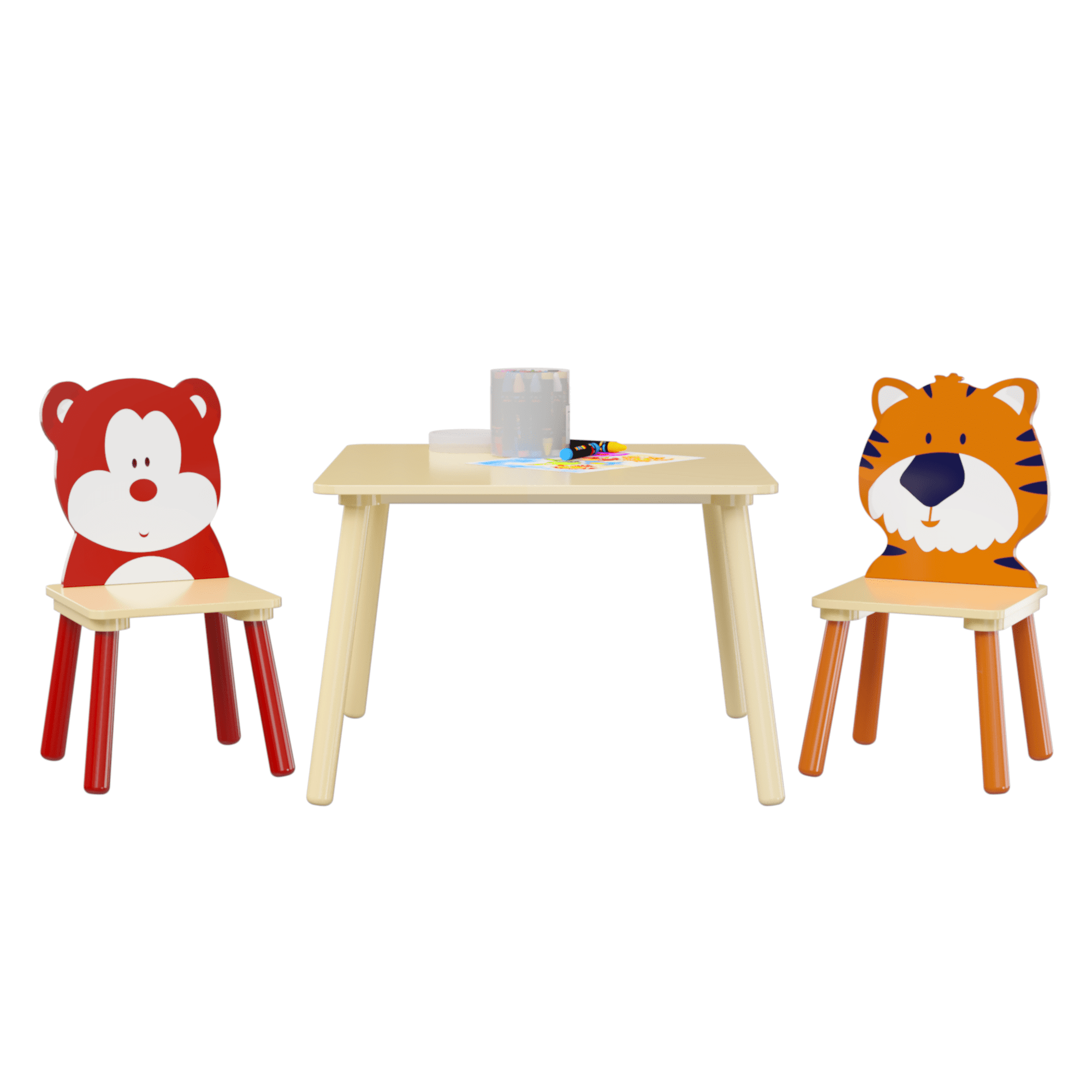 Aukfa Kids Table and Chairs Set, Wooden Play Table with 2 Cartoon Chairs for Toddlers, Girls, Boys