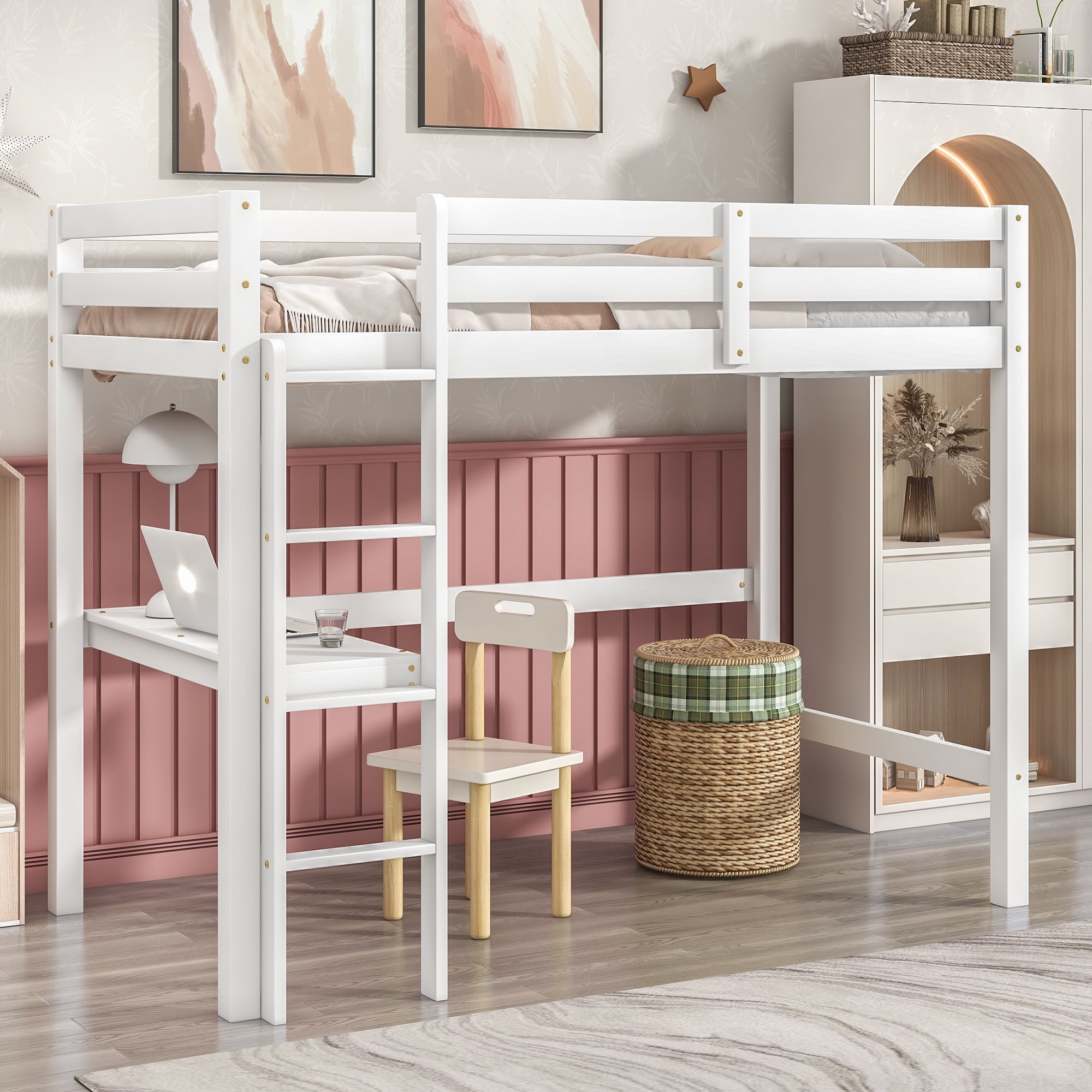 Aukfa Kids Twin Loft Bed Wood Frame with Desk Pine and Heavy Duty White