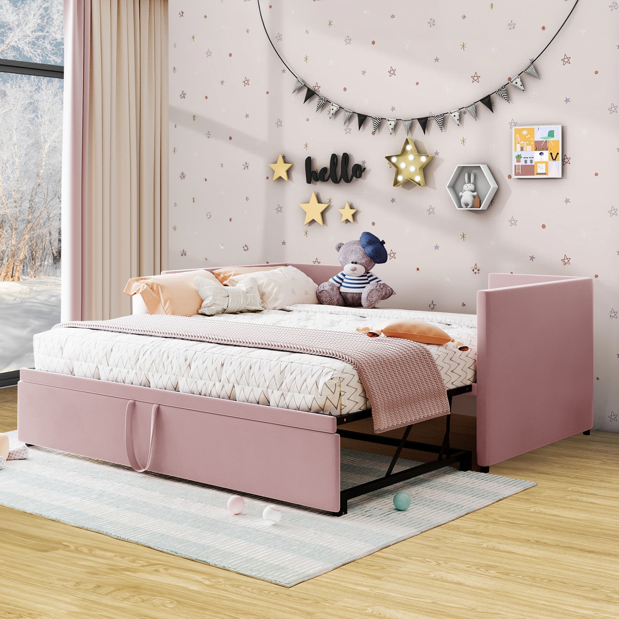 Aukfa Kids Upholstered Expandable Twin-to-King Daybed with Trundle, Pink