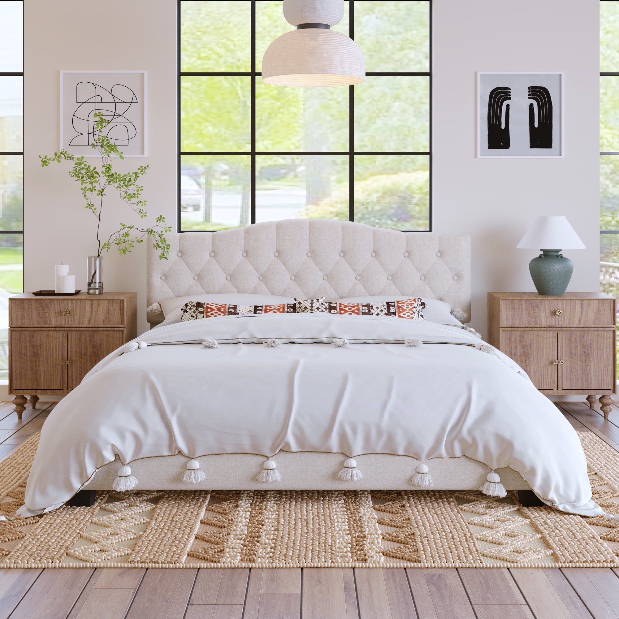 Aukfa King Size Bed Frame with Button Tufted Headboard, Modern Upholstered Platform Bed - Beige