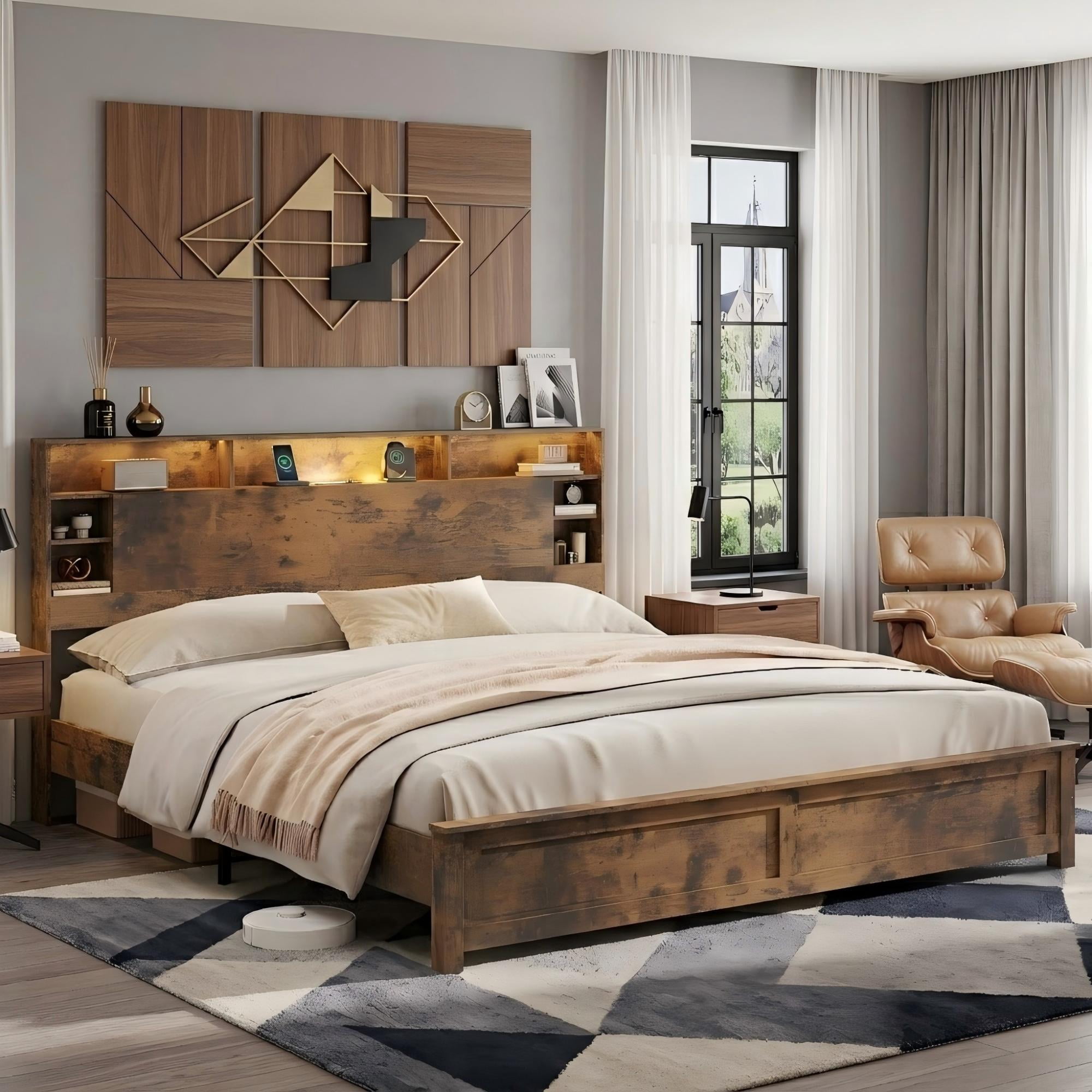 Aukfa King Size Bed Frame with Charging Station, Storage Headboard & LED Lights, Farmhouse Wood Platform Bed, Brown