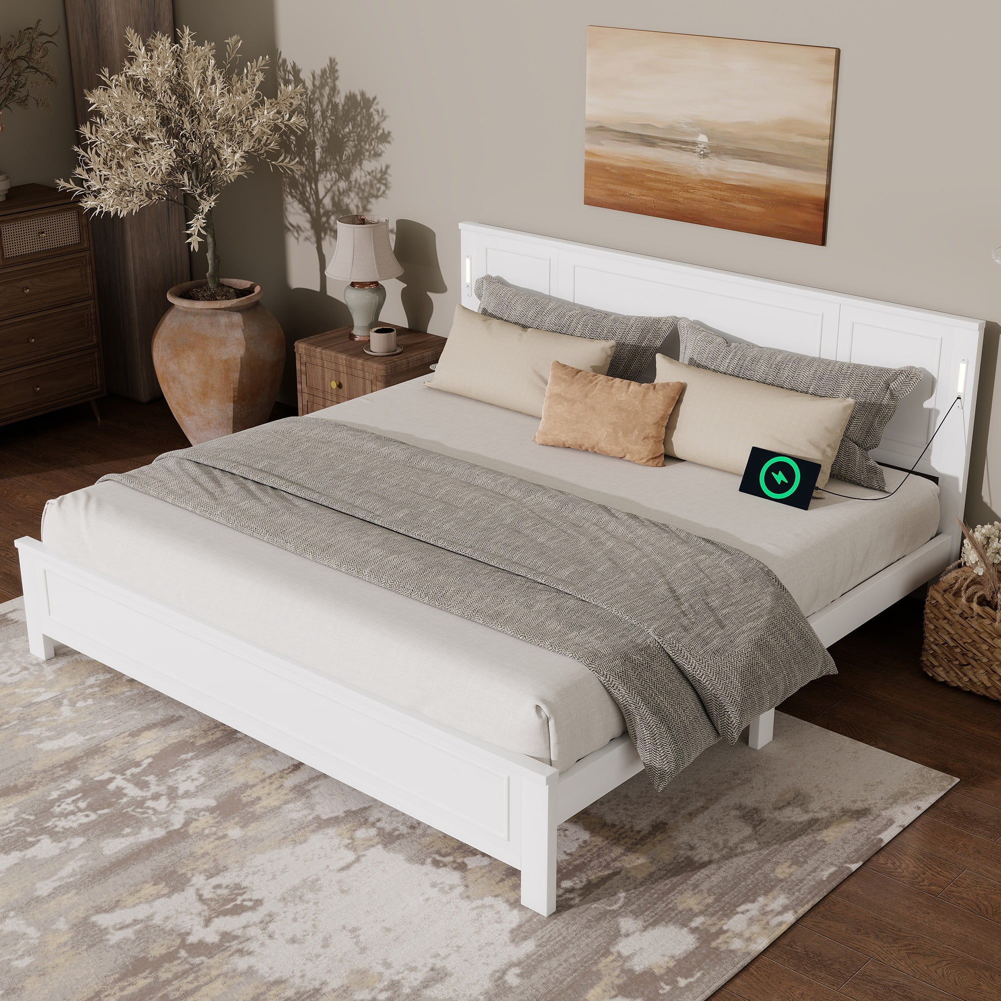 Aukfa King Size Bed Frame with LED Headboard, USB & Type-C Charging Station, Farmhouse Solid Wood Platform Bed with Pinewood Slat Support, White