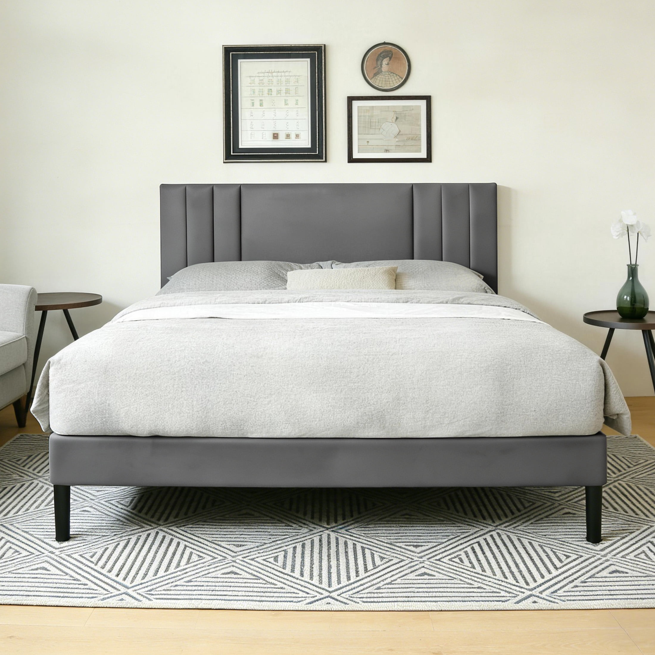 Aukfa King Size Platform Bed with Upholstered Adjustable Headboard, Faux Leather Bed Frame with Wood Slats Support, No Box Spring Needed, Gray