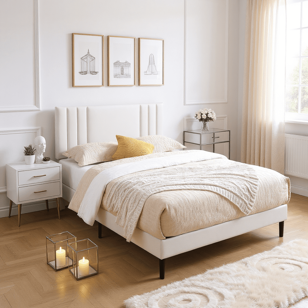 Aukfa King Size Platform Bed with Upholstered Adjustable Headboard, Faux Leather Bed Frame with Wood Slats Support, No Box Spring Needed, White