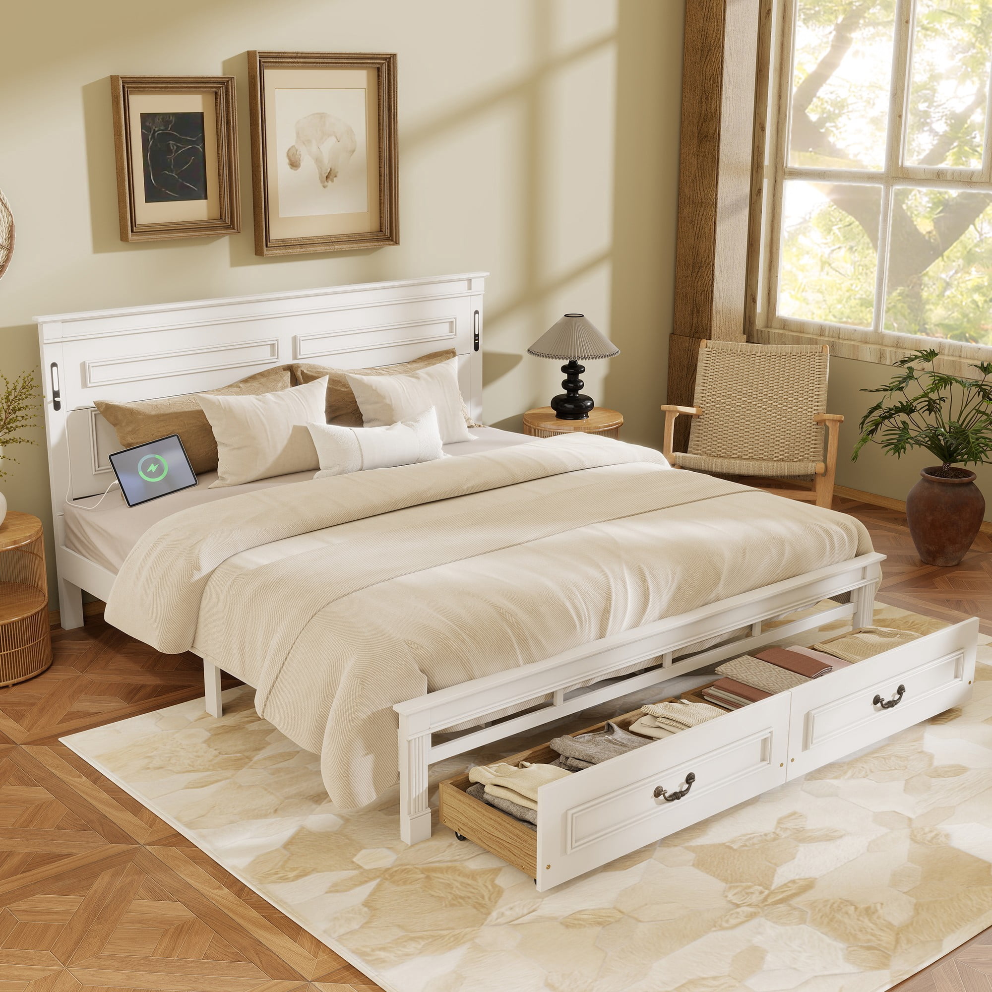 Aukfa King Size Storage Bed Frame with 46" Tall LED Headboard, USB & Type-C Charging Station, Farmhouse Solid Wood Platform Bed with Drawers, White