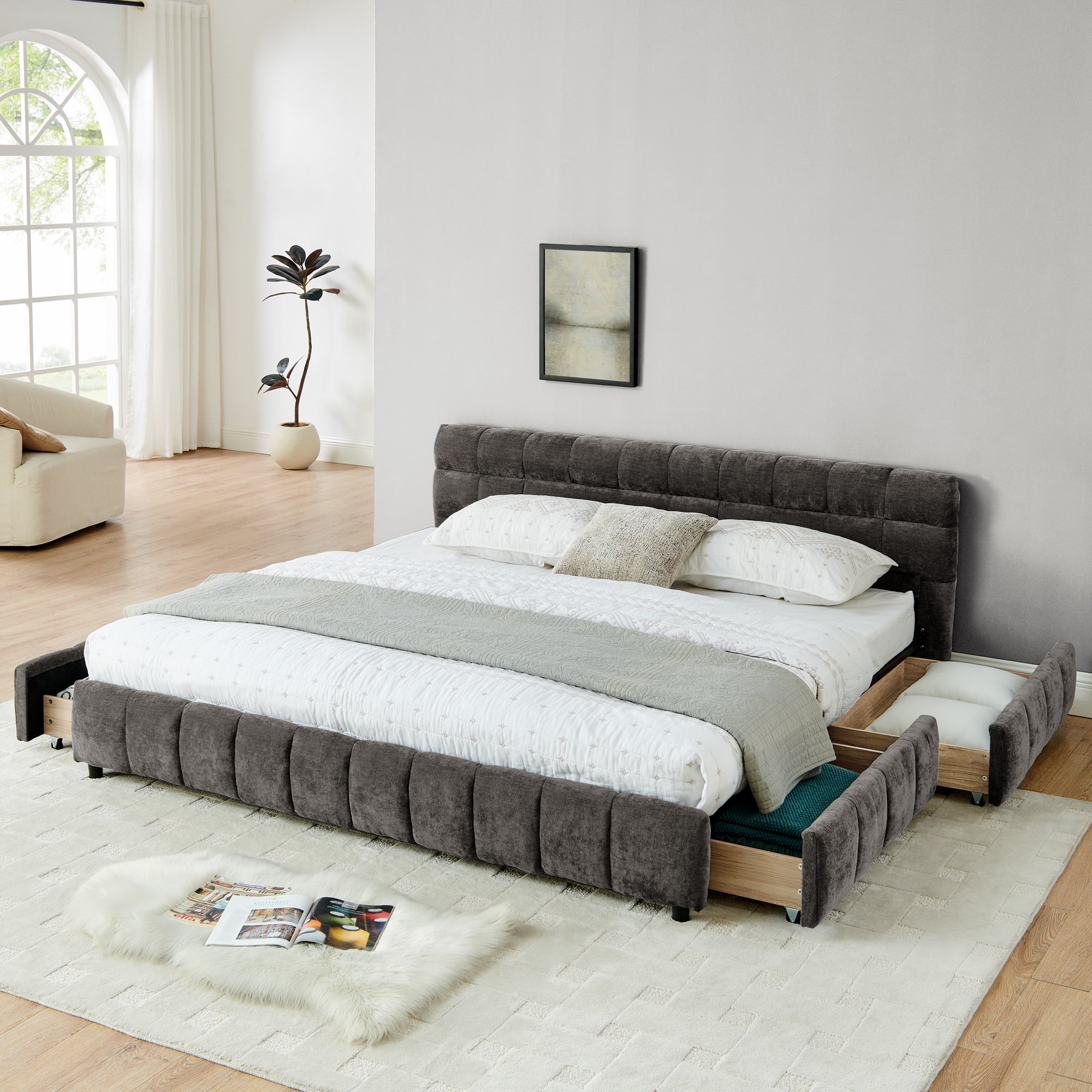 Aukfa King Size Upholstered Bed Frame with 4 Storage Drawers, Chenille Fabric Platform Bed, Tufted Design, Dark Gray