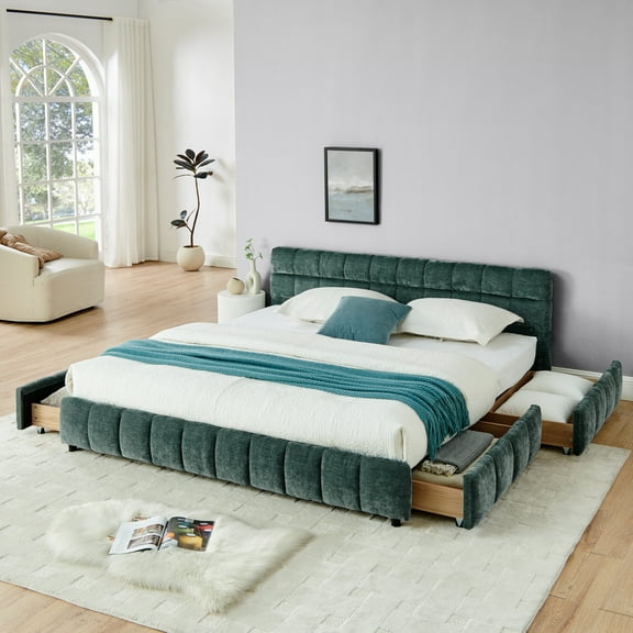 Aukfa King Size Upholstered Bed Frame with 4 Storage Drawers, Chenille Fabric Platform Bed, Tufted Design, Emerald
