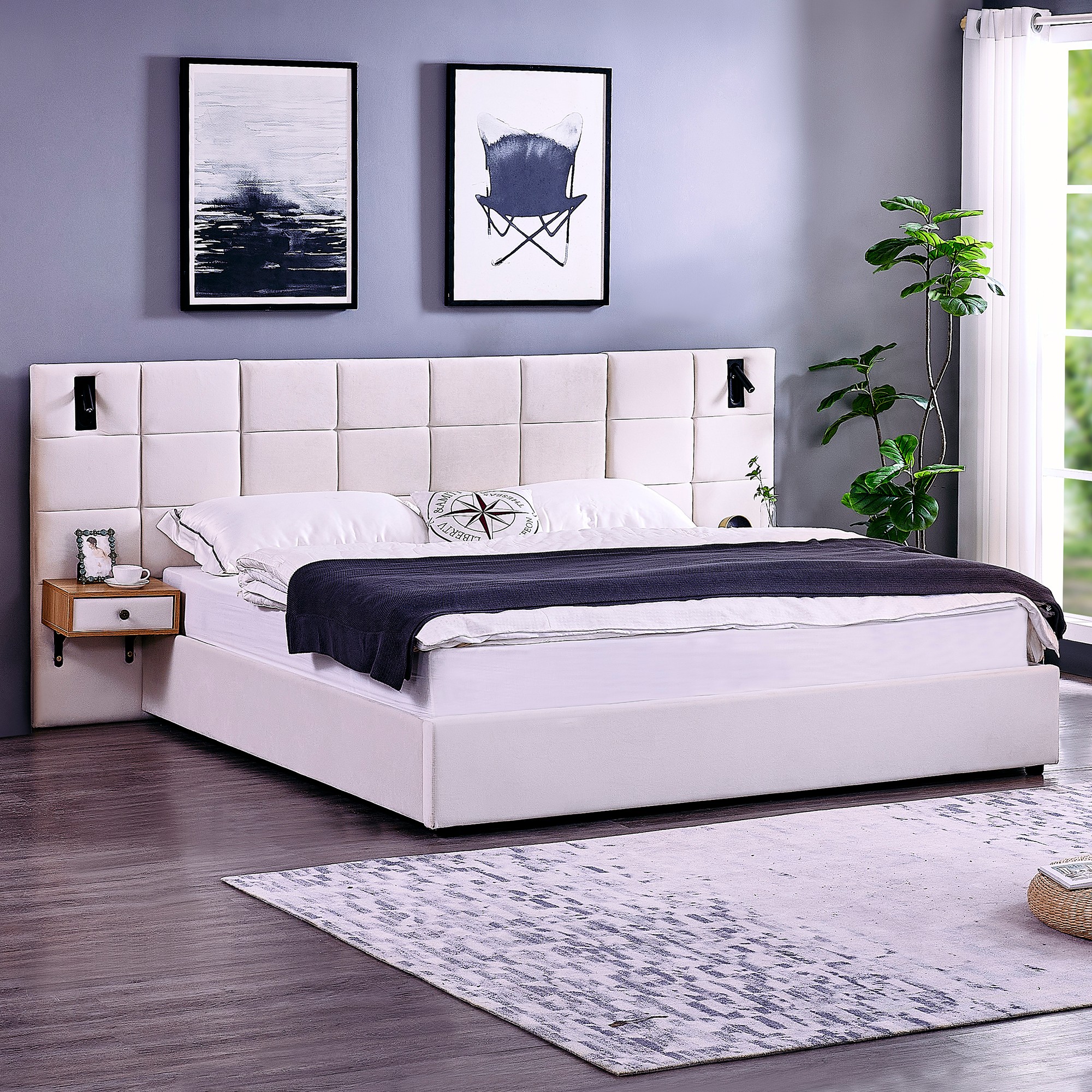 Aukfa King Size Upholstered Bed Frame with Drawers and LED Lights, Hydraulic Platform Bed with USB Port & Oversize Wingback Headboard, Beige