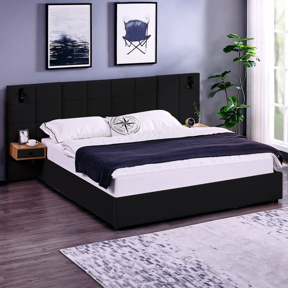 Aukfa King Size Upholstered Bed Frame with Drawers and LED Lights, Hydraulic Platform Bed with USB Port & Oversize Wingback Headboard, Black