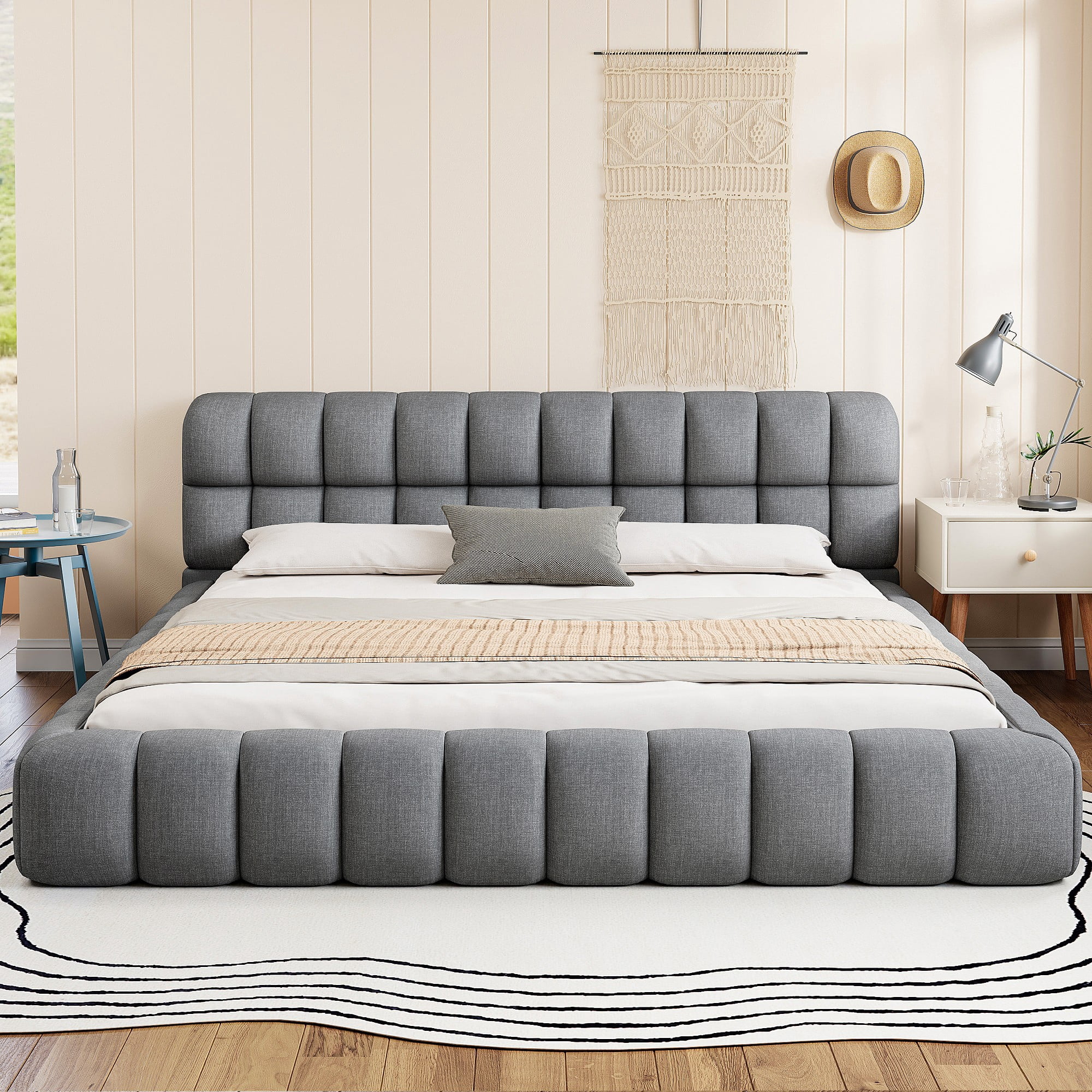 Aukfa King Size Upholstered Platform Bed, Modern Grounded Bed Frame with Thick Linen Fabric Headboard & Footboard, Gray
