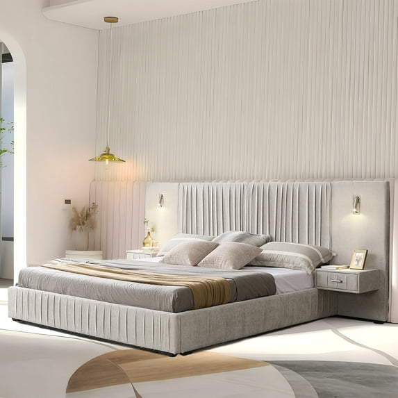 Aukfa King Upholstered Bed Frame with LED Lights and Nightstands, Chenille Platform Bed with Oversized Wingback Design, Beige