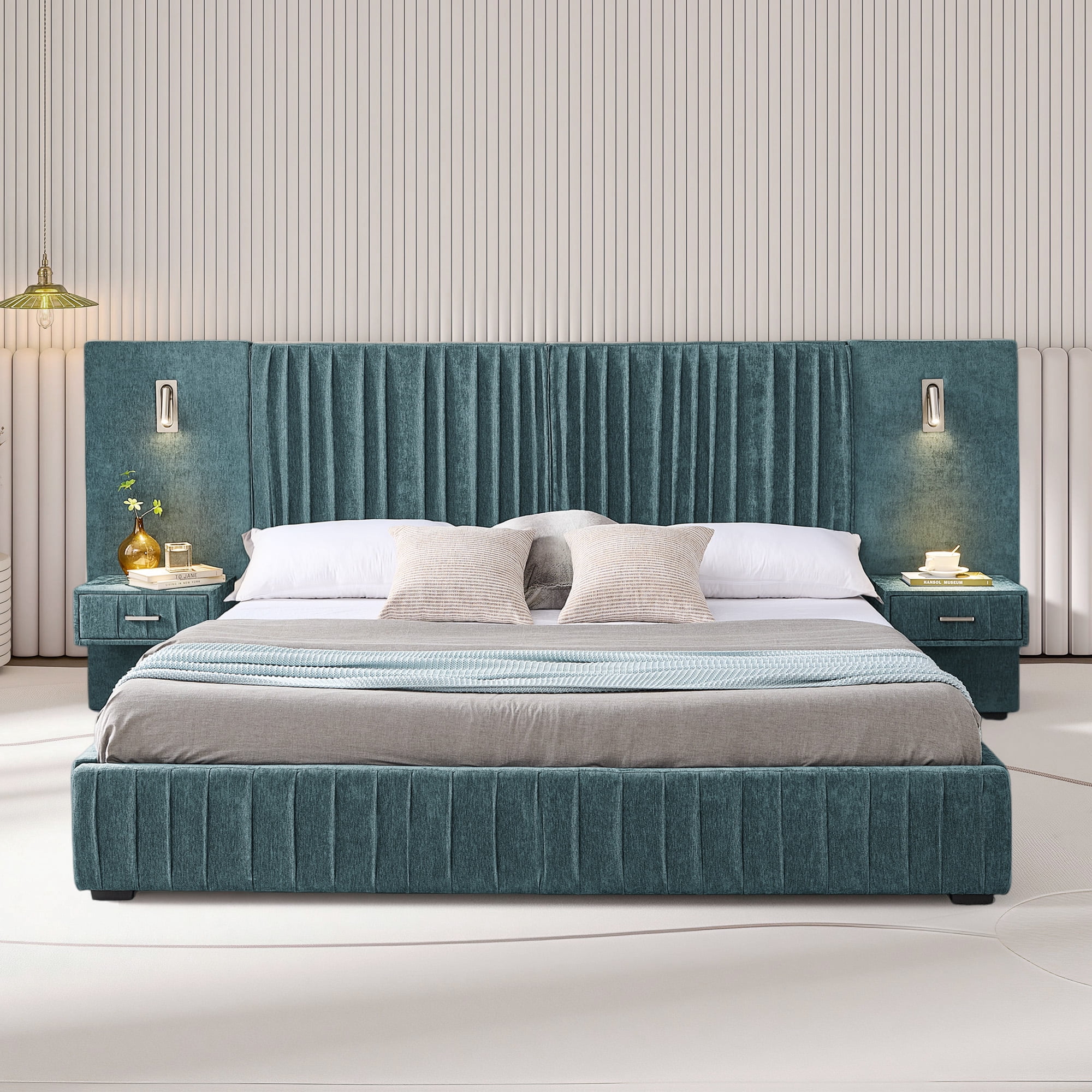 Aukfa King Upholstered Bed Frame with LED Lights and Nightstands, Chenille Platform Bed with Oversized Wingback Design, Blue