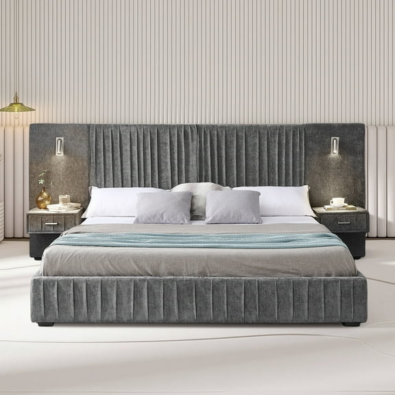 Aukfa King Upholstered Bed Frame with LED Lights and Nightstands, Chenille Platform Bed with Oversized Wingback Design, Dark Gray