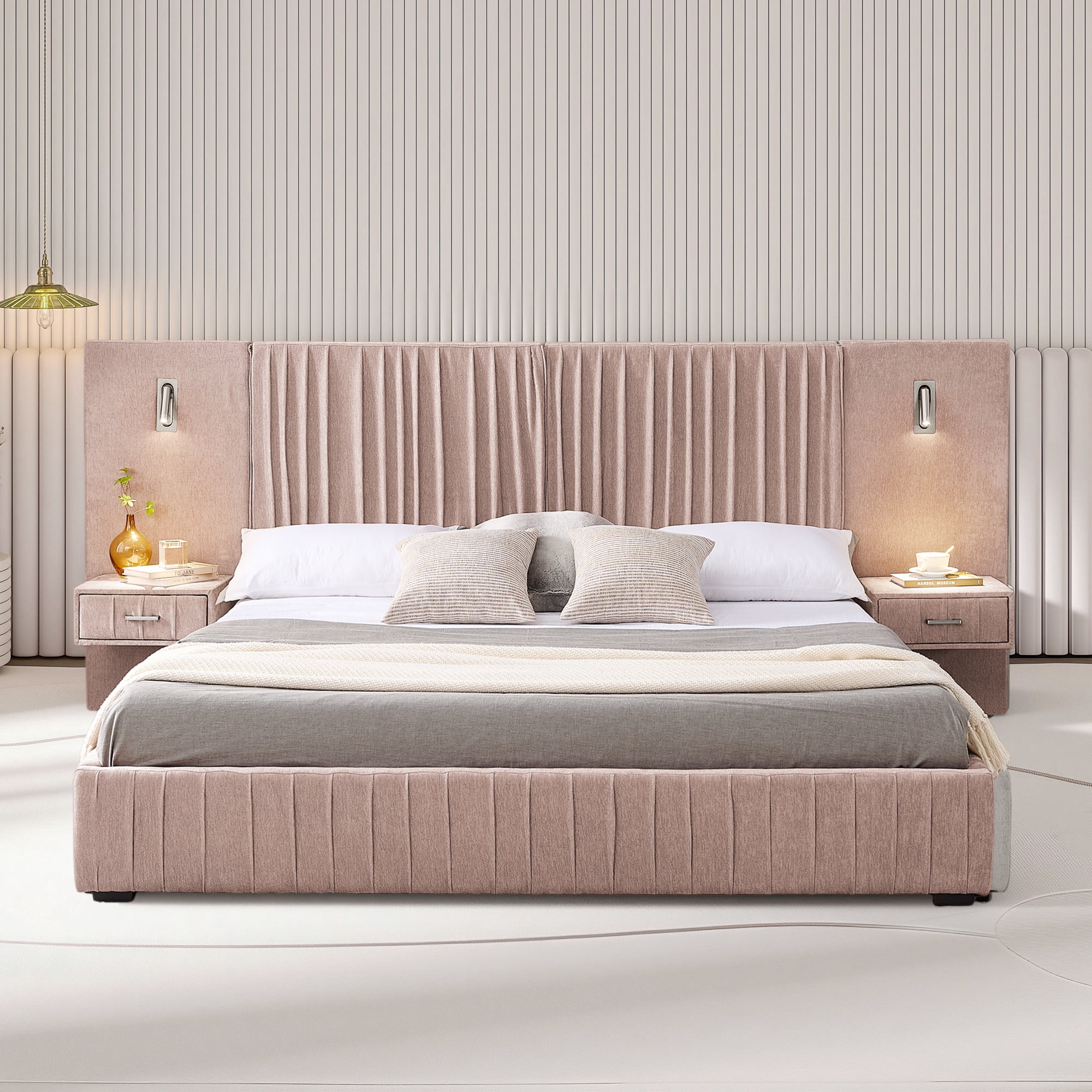 Aukfa King Upholstered Bed Frame with LED Lights and Nightstands, Chenille Platform Bed with Oversized Wingback Design, Pink