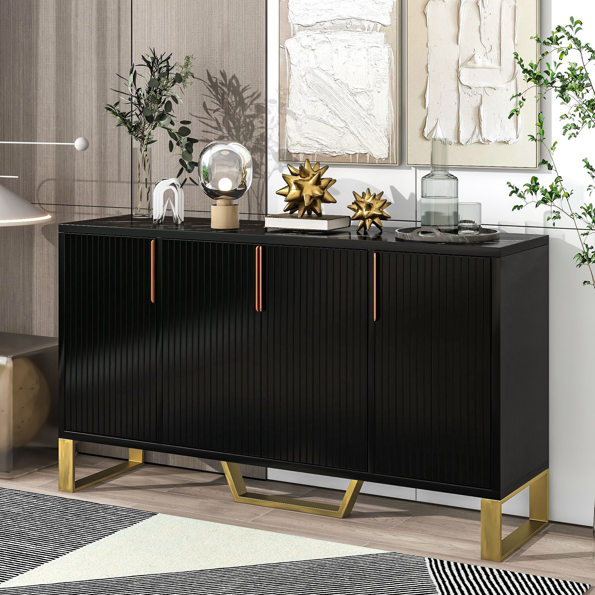 Aukfa Kitchen Cabinet,Modern sideboard with Four Doors - Black