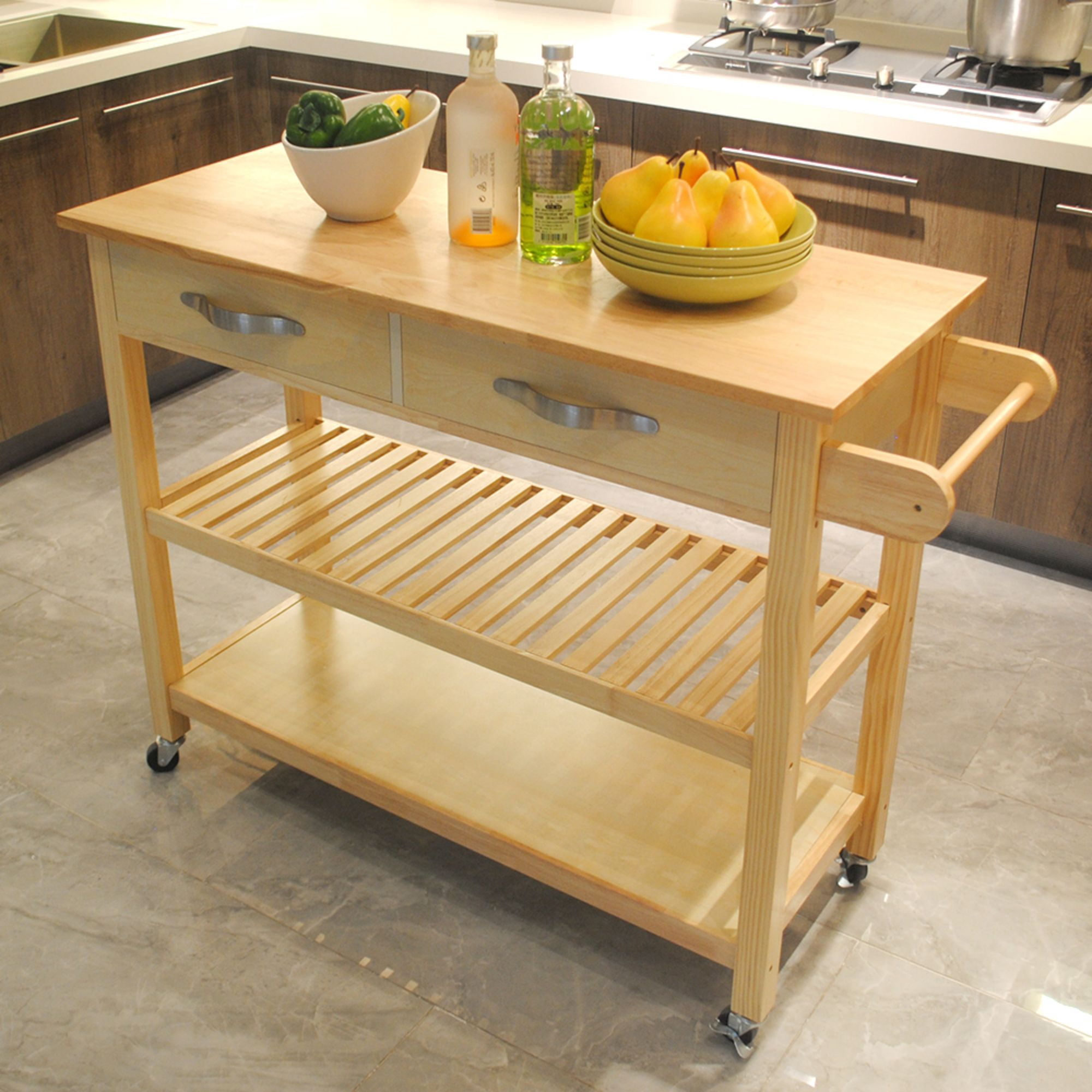 Aukfa Kitchen Cart,Kitchen Island Cart on Lockable Wheels and Two Drawers - Oak
