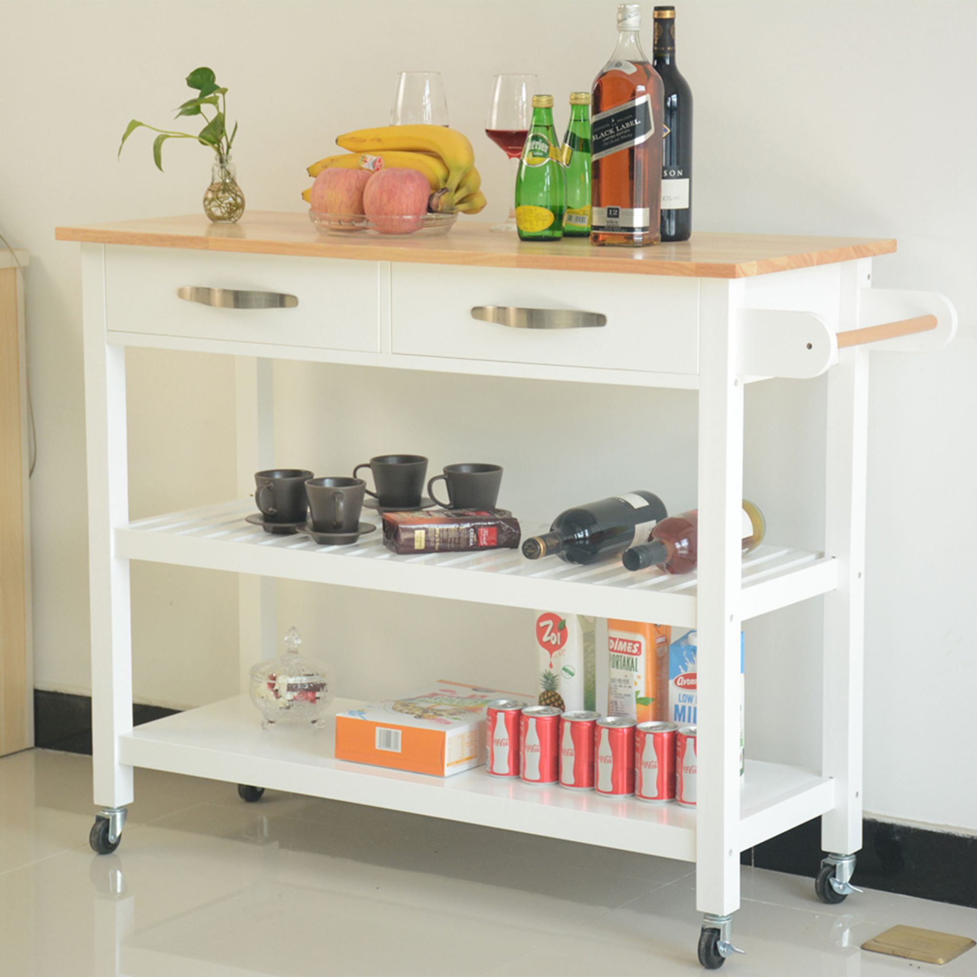 Aukfa Kitchen Cart,Kitchen Island Cart on Lockable Wheels and Two Drawers - White